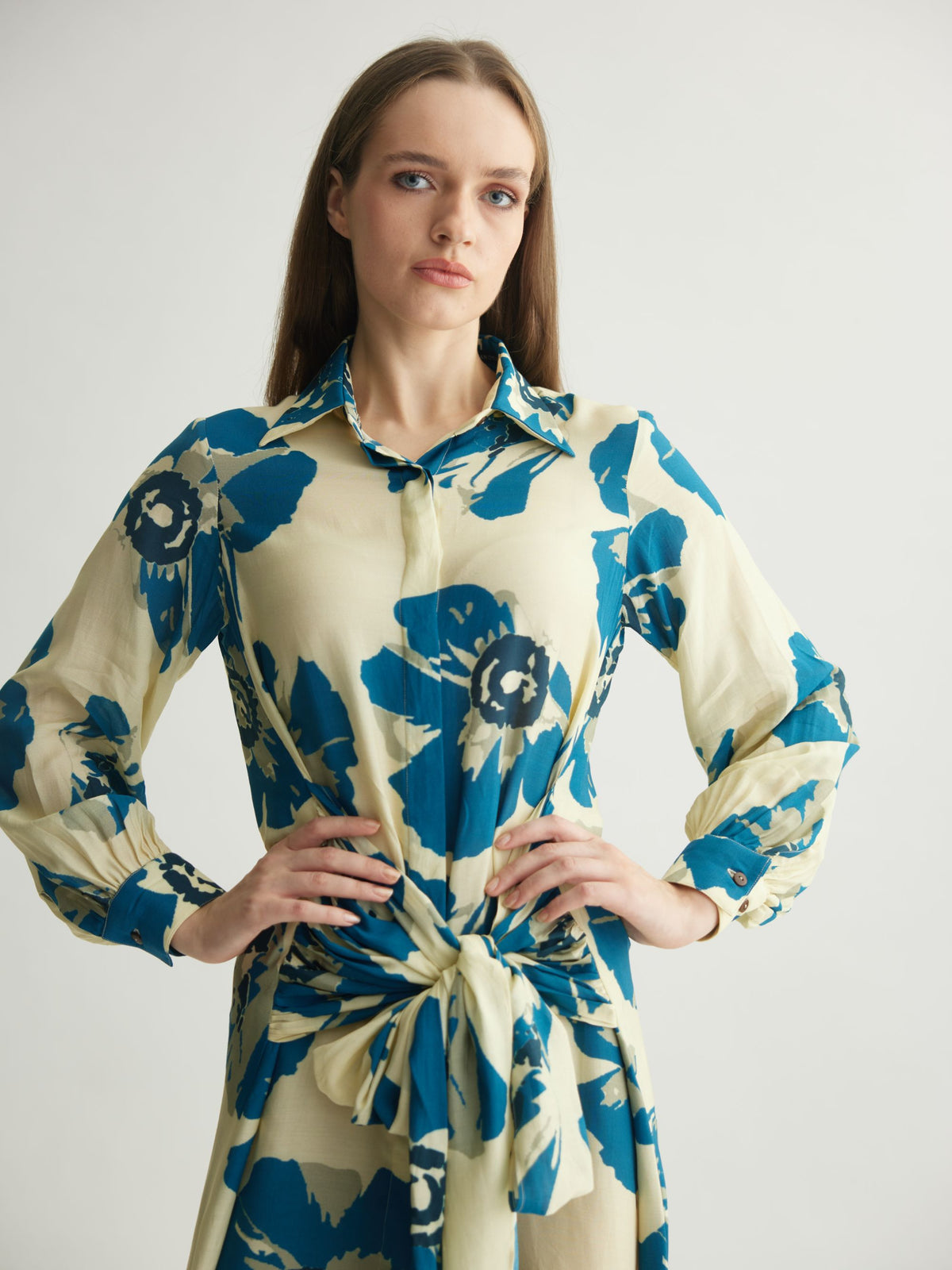 WHITE & BLUE FLORAL WRAP SHIRT DRESS