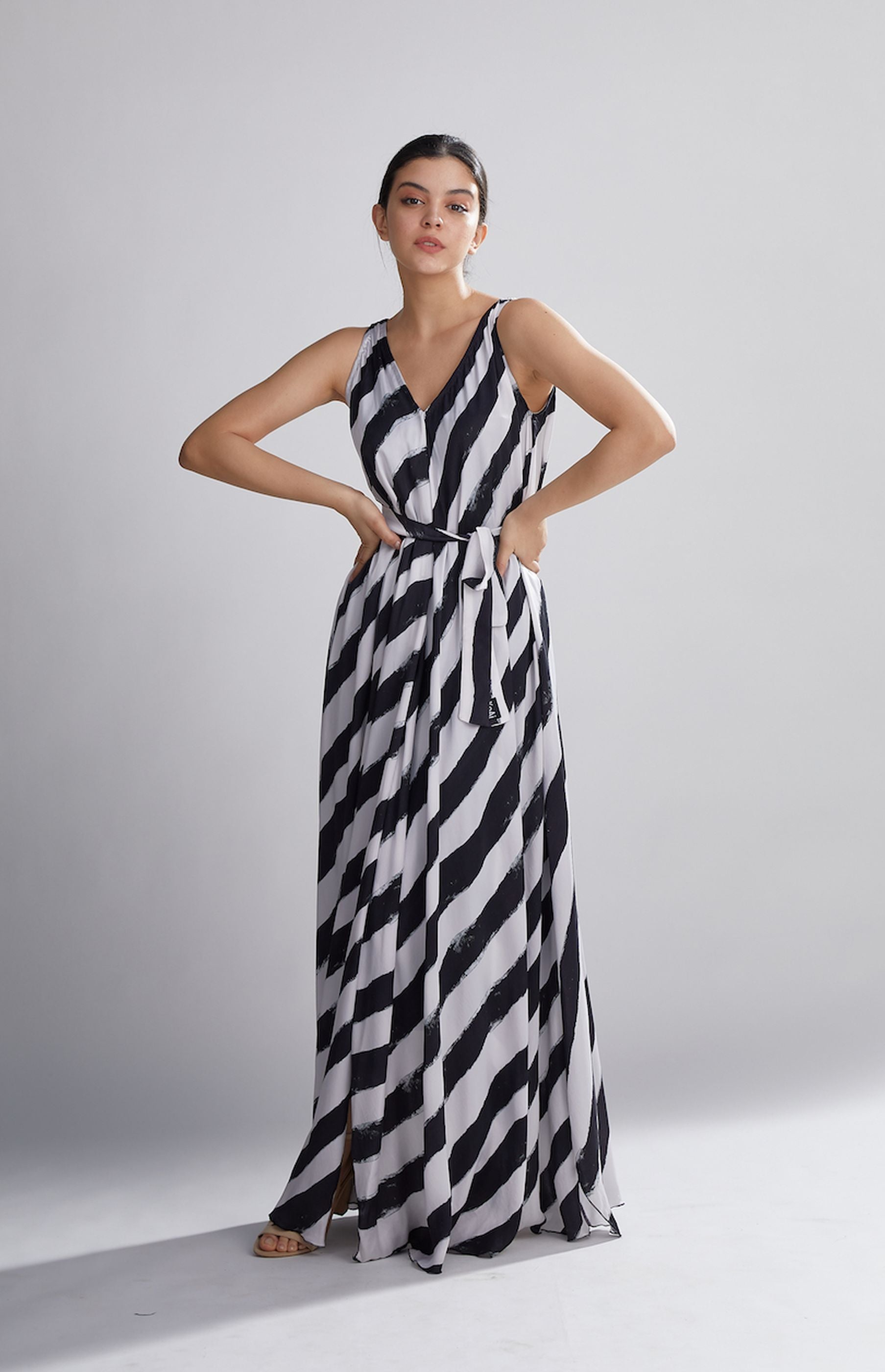 Black and white striped long dress on sale