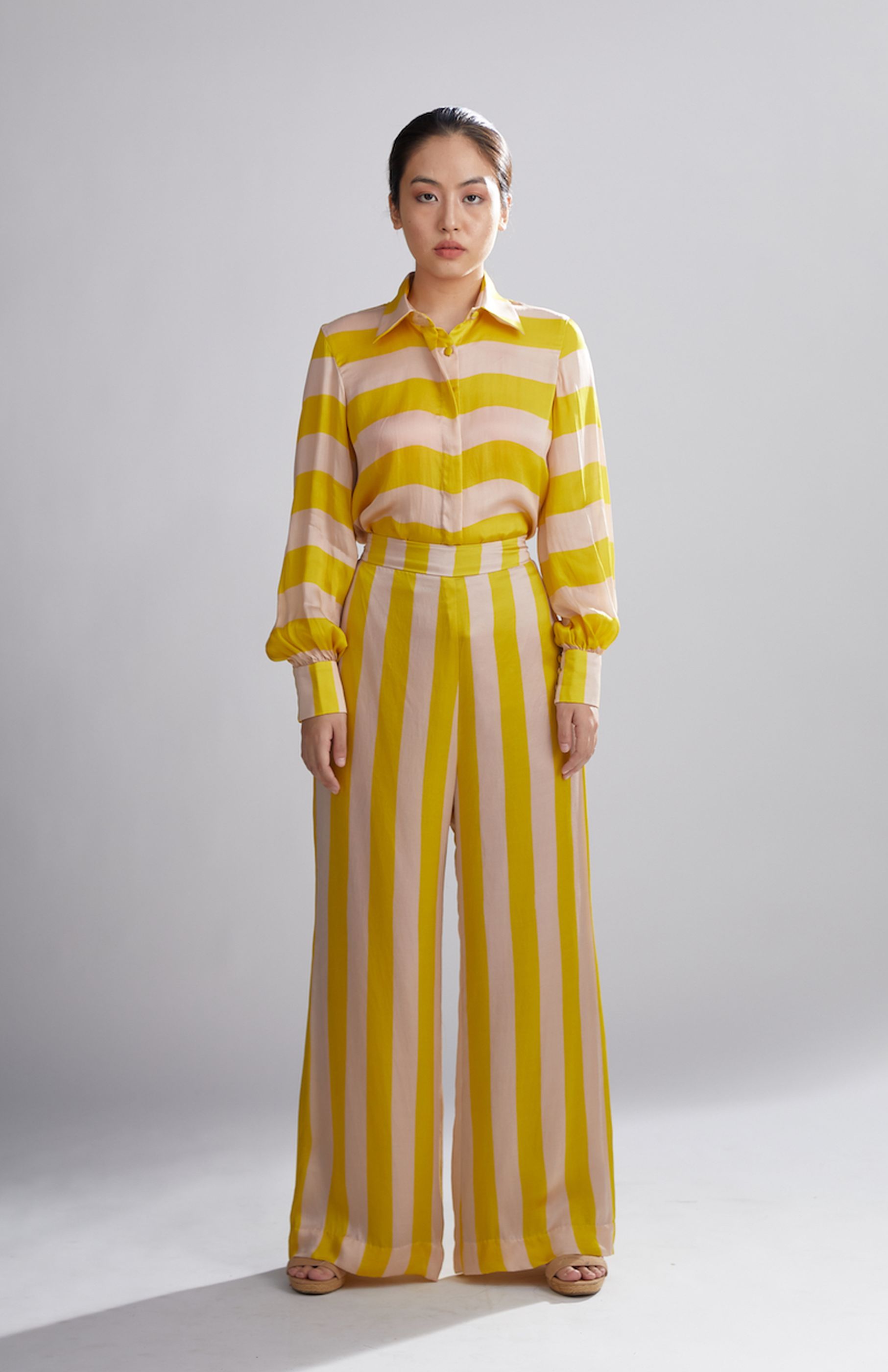Mustard and white striped pants deals